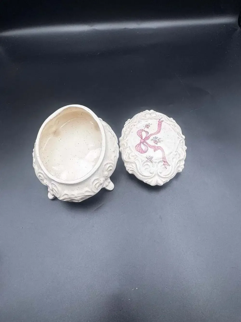 Vintage Ceramic Footed Trinket Box with Pink Bow and Floral Design
